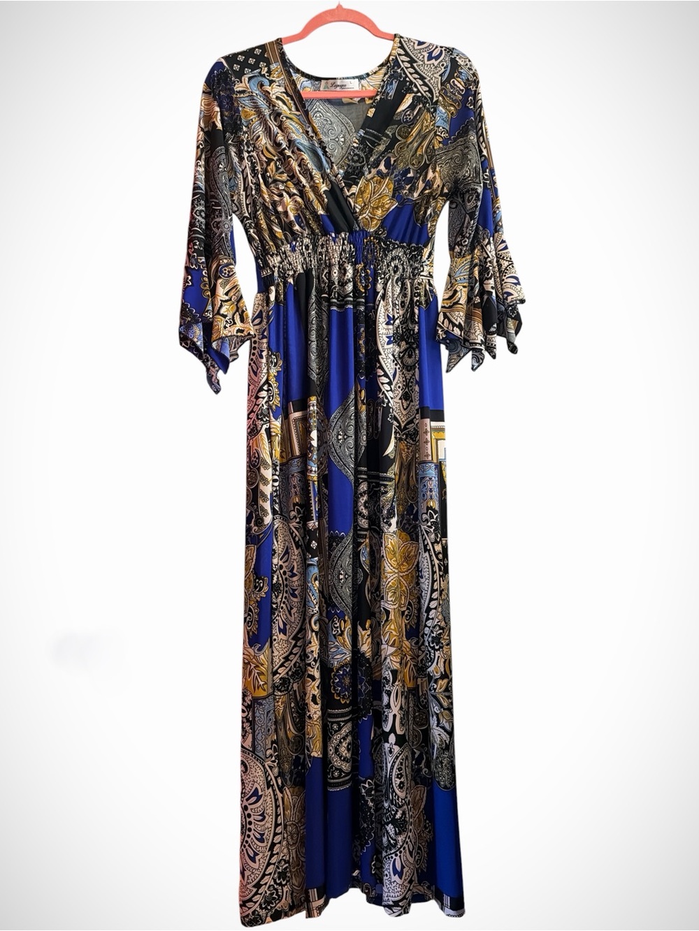 Lapogee Paisley Printed Bell Sleeve V-neck Maxi Dress L